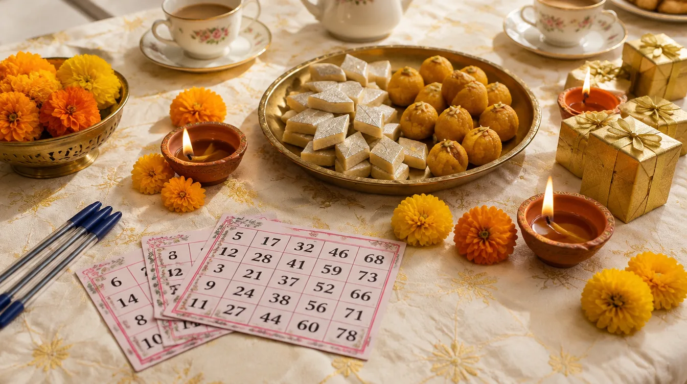 Kitty party table with tambola tickets, Indian sweets, gift boxes, clay diyas and marigolds